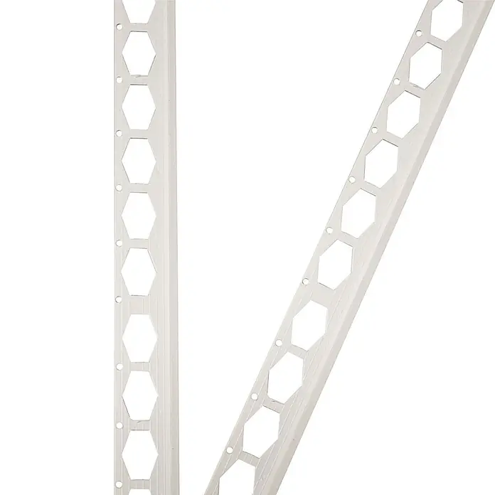ProfileXXL Kantenschutz für Trockenbau 2,5m Abschlussprofil 25 x 8mm Putzschiene PVC Weiß - Weiß - Weißes perforiertes Fliesenprofil mit sechseckigen Aussparungen.