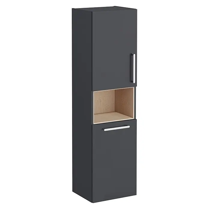 VitrA Hochschrank Root Flat - B x T x H: 42 x 36 x 155 cm, Anthrazit, DIN Anschlag: Links - Hoher anthrazitfarbener Schrank mit heller Holz-Ablage und weißen Griffen.