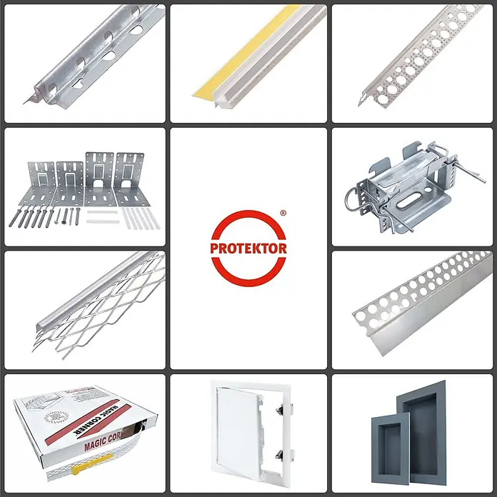 Protektor Kantenschutz für Trockenbau 50x 3741 Einfassprofil 250cm PVC für 12,5mm Gipskarton Weiß - Weiß - Ein Raster mit Bauprodukten: Eckprofile, Montagehalterungen, Befestigungselemente, eine Revisionsklappe und Nischenregale, mit dem Protektor-Logo.