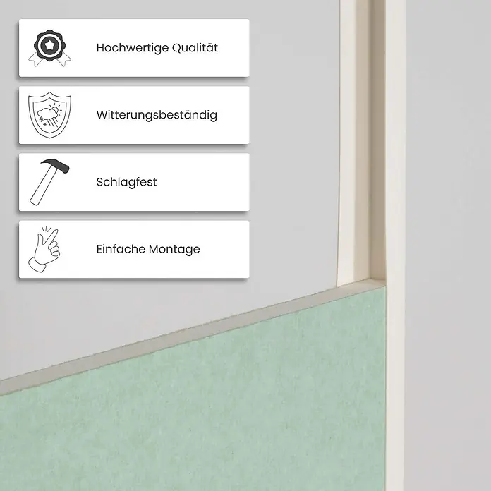 Protektor Kantenschutz für Trockenbau 50x 3741 Einfassprofil 250cm PVC für 12,5mm Gipskarton Weiß - Weiß - Vier Produktmerkmale auf Karten: hochwertige Qualität, witterungs- und schlagfest, einfache Montage, neben einer grünen Platte.