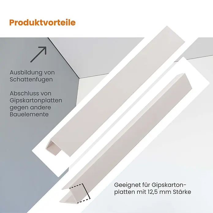 Protektor Kantenschutz für Trockenbau 50x 3741 Einfassprofil 250cm PVC für 12,5mm Gipskarton Weiß - Weiß - Weiße Profile für Gipskartonplatten zur Ausbildung von Schattenfugen und sauberen Abschlüssen. Geeignet für 12,5 mm Gipsplatten.