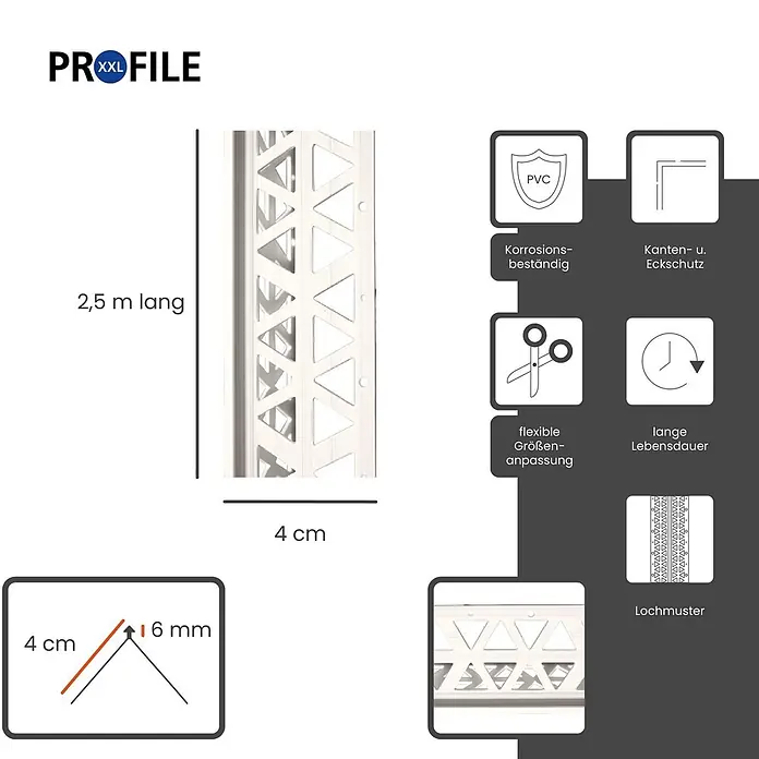 ProfileXXL Kantenschutz für Trockenbau 2,5m Eckschutzprofil 40 x 40 x 6mm Putzschiene PVC Weiß - Weiß - Weißes PVC-Profil, 2,5m lang, 4cm breit, 16mm tief, mit dreieckigem Lochmuster.