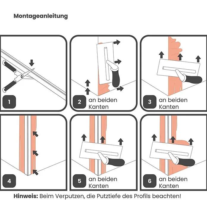 ProfileXXL Kantenschutz für Trockenbau 2,5m Eckschutzprofil 40 x 40 x 6mm Putzschiene PVC Weiß - Weiß - Montageanleitung für ein Putzeckprofil, mit Schritten zum Zuschneiden, Mörtelauftrag und Einbetten des Profils.