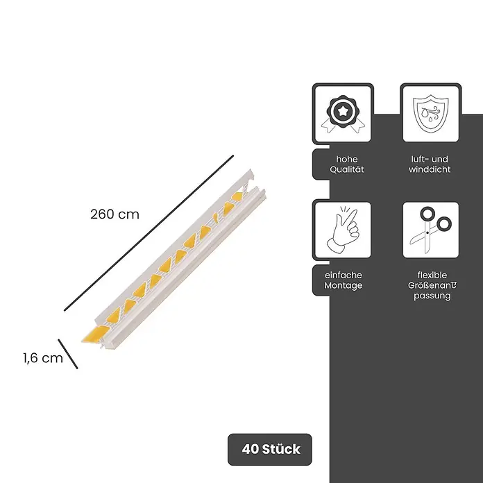 Protektor Kantenschutz für Trockenbau 40x Anputzleiste 260cm x 9mm PVC Schutzlippe Innen- und Außenputz - Weiß - Weißes Dichtungsprofil mit gelben Dreieckseinsätzen, 260 cm lang, 1,6 cm breit, 40er-Set.