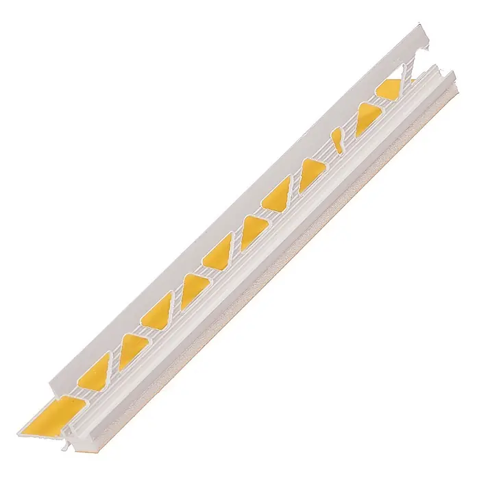 Protektor Kantenschutz für Trockenbau 40x Anputzleiste 260cm x 9mm PVC Schutzlippe Innen- und Außenputz - Weiß - Hellgraue Fliesenprofilleiste mit dreieckigen Aussparungen, die gelben Kleber und einen Schaumstoffsockel zeigen.