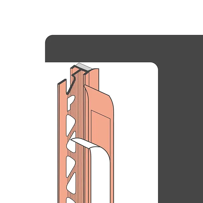 Protektor Kantenschutz für Trockenbau 40x Anputzleiste 260cm x 9mm PVC Schutzlippe Innen- und Außenputz - Weiß - Pfirsichfarbene Fliesenkantenleiste mit grauem Oberteil, perforiertem Ankerschenkel zur sicheren Fliesenverlegung.