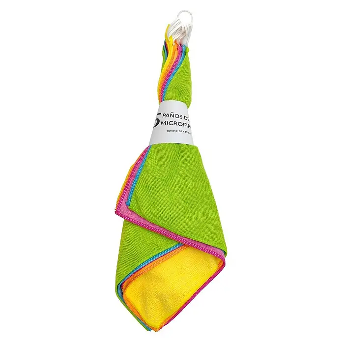 Paño de microfibra - An x L: 40 x 38 cm, Material: Materiales naturales, 5 ud., Multicolor - Paquete de 5 paños de microfibra de colores, atados con una etiqueta de producto.