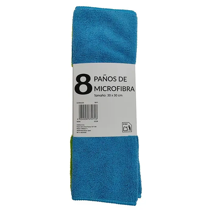 Paño de microfibra - An x L: 30 x 30 cm, Material: Materiales naturales, 8 ud., Multicolor - Ocho paños de microfibra azules, de 30 x 30 cm cada uno, con etiqueta de producto.