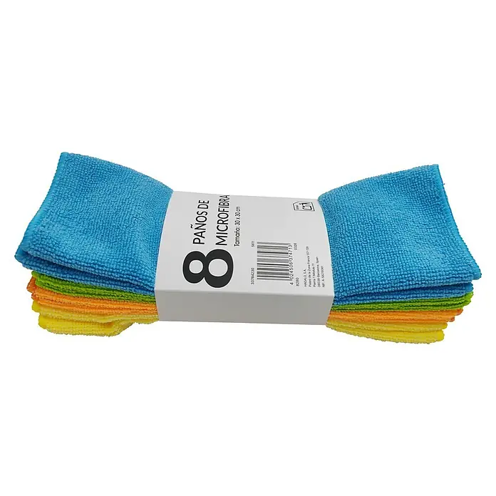 Paño de microfibra - An x L: 30 x 30 cm, Material: Materiales naturales, 8 ud., Multicolor - Un paquete de 8 paños de microfibra de colores (azul, verde, naranja, amarillo), 30x30 cm.