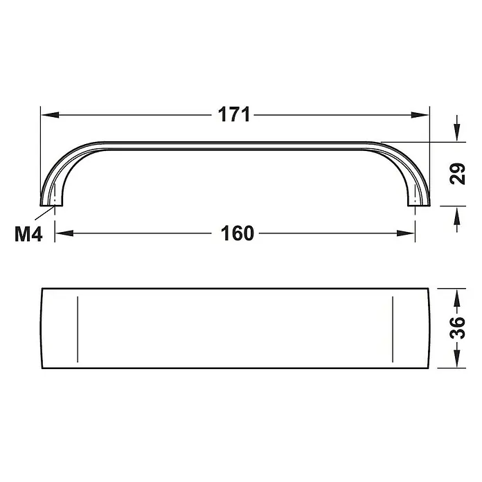 Häfele Tirador para muebles 101.13.106 - L x An x Al: 17,1 x 2,9 x 3,6 cm - Dibujo técnico de un tirador de mueble con cotas para el montaje y dimensiones.