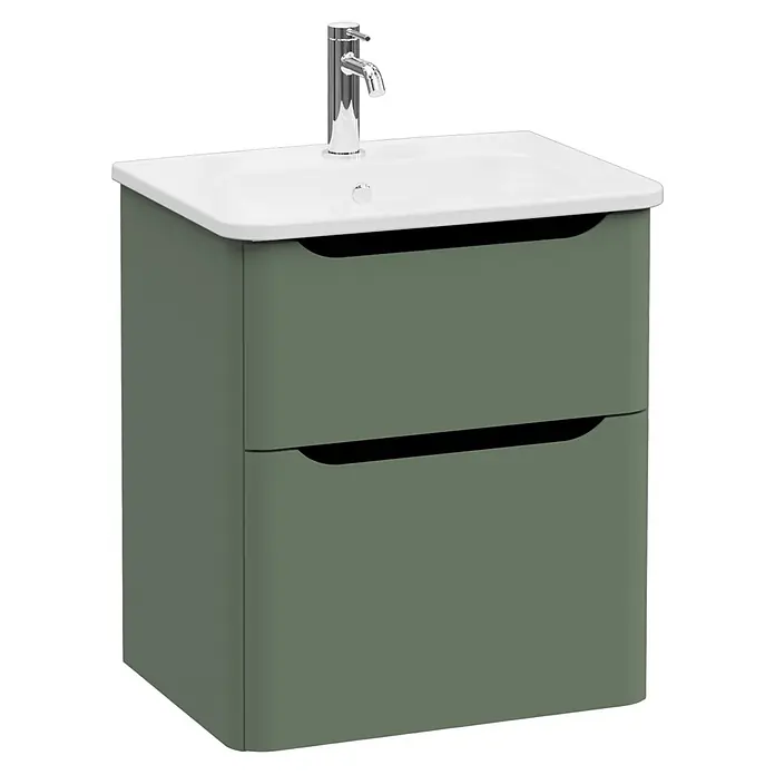 VitrA Integra Round Badmöbel-Set - Gesamtbreite Badmöbel: 60 cm, Moosgrün, Matt - Grüner Badunterschrank mit zwei Schubladen, integriertem weißen Waschbecken und Chromarmatur.