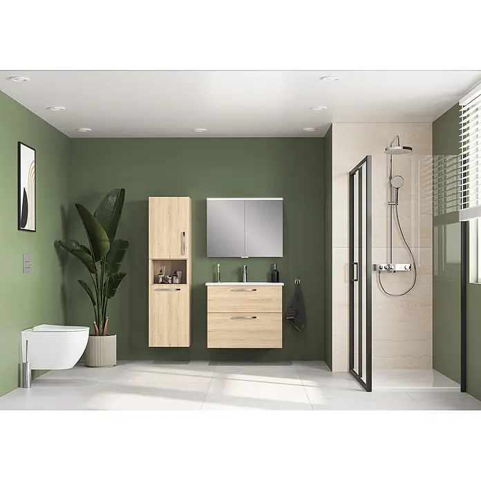 VitrA Badmöbel-Set Root Flat - B x T x H: 80 x 45 x 65 cm, Eiche Natur - Modernes Bad mit Wand-WC, hellen Holzschränken, Waschtisch, Spiegelschrank und ebenerdiger Dusche. Große Pflanze.
