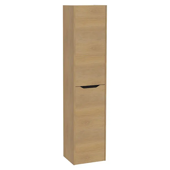 VitrA Integra Square Hochschrank - B x T x H: 40 x 37 x 180 cm, Eiche Gold, Inklusive 4 Glaseinlegeböden, DIN Anschlag: Rechts - Hoher Schrank aus hellem Holzmaserung mit einer oberen Tür und einer unteren Schublade mit schwarzem vertieften Griff.