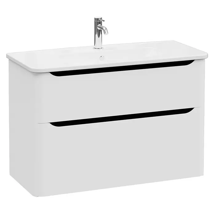 VitrA Integra Round Badmöbel-Set - Gesamtbreite Badmöbel: 100 cm, Hellgrau, Matt - Weißer Badunterschrank mit zwei Schubladen, integriertem Waschbecken und Chromarmatur.