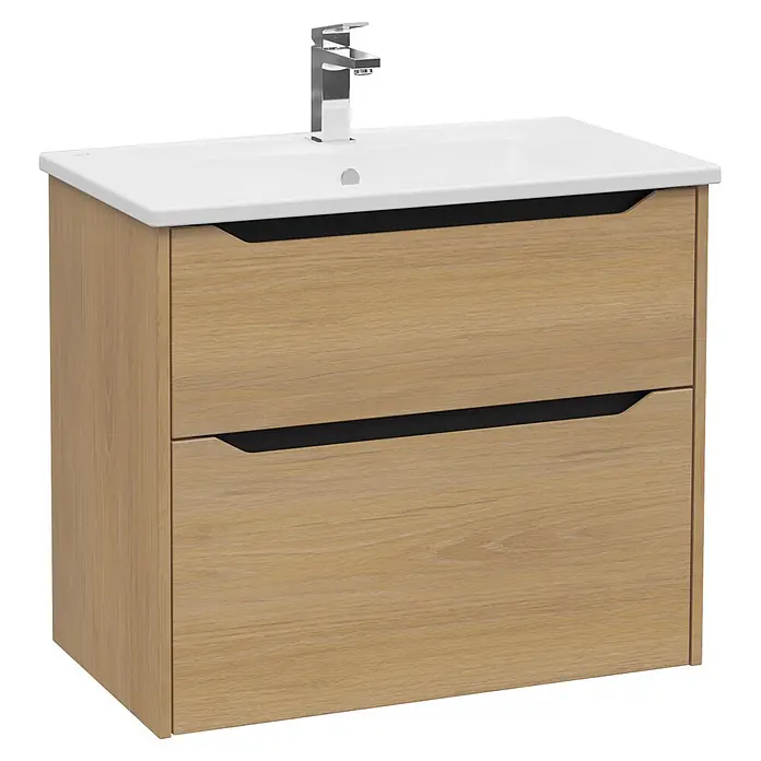 VitrA Integra Square Badmöbel-Set - Gesamtbreite Badmöbel: 80 cm, Eiche Gold - Waschtischunterschrank aus hellem Holz mit weißem Waschbecken, Chromarmatur und zwei Schubladen.