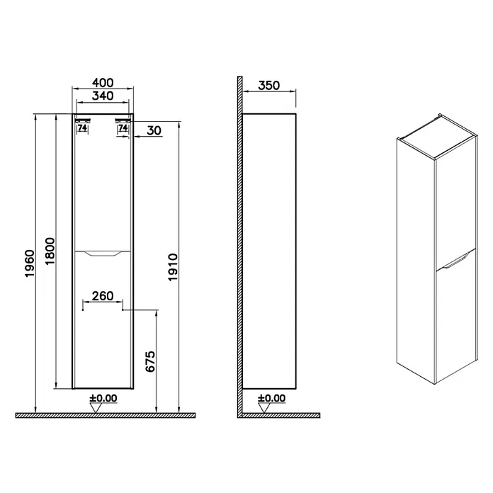 VitrA Integra Square Hochschrank - B x T x H: 40 x 37 x 180 cm, Weiß, Inklusive 4 Glaseinlegeböden, DIN Anschlag: Rechts - Technische Zeichnung eines hohen, schmalen Schranks mit Vorder-, Seiten- und isometrischer Ansicht, inklusive Maßen und angedeuteter Tür und Stauraum.