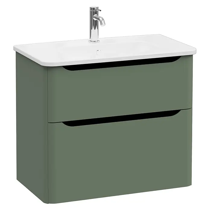 VitrA Integra Round Badmöbel-Set - Gesamtbreite Badmöbel: 80 cm, Moosgrün, Matt - Grüner Waschtischunterschrank mit weißem Waschbecken, Chromarmatur und zwei Schubladen mit integrierten Griffen.