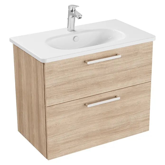 VitrA Badmöbel-Set Root Flat - B x T x H: 80 x 45 x 65 cm, Eiche Natur - Heller Holz-Waschtischunterschrank mit weißem Keramikwaschbecken, Chromarmatur und zwei Schubladen mit silbernen Griffen.