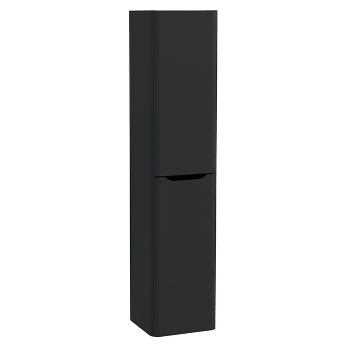 VitrA Integra Round Hochschrank - B x T x H: 40 x 37 x 180 cm, Graphit, DIN Anschlag: Links, Inklusive 4 Glaseinlegeböden - Hoher, dunkelgrauer zweitüriger Kühlschrank mit Griffmulde.