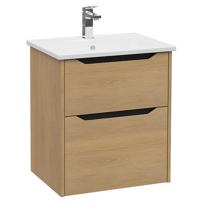 VitrA Integra Square Badmöbel-Set - Gesamtbreite Badmöbel: 60 cm, Eiche Gold - Hellholz-Badmöbel mit weißem Waschbecken, Chromarmatur und zwei Schubladen mit schwarzen integrierten Griffen.