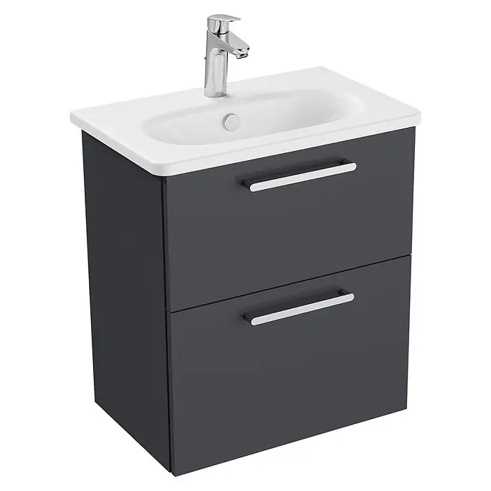 VitrA Root Flat Compact Badmöbel-Set Compact - B x T x H: 60 x 37 x 65 cm, Anthrazit, Hochglänzend - Moderner dunkelgrauer Badunterschrank mit weißem Waschbecken und Chromarmatur.
