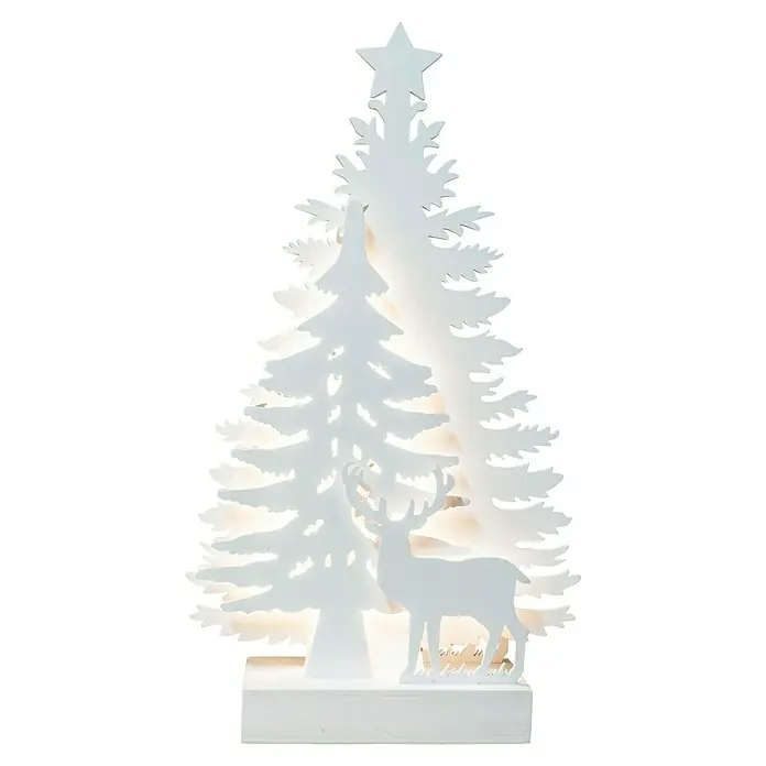 Tween Light Luz LED navideña Abetos y renos - 21 x 7 x 35 cm, Blanco, Funciona con pilas - Una decoración festiva de árbol de Navidad de madera blanca con un reno en primer plano y una estrella en la parte superior.