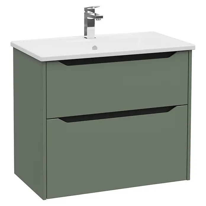 VitrA Integra Square Badmöbel-Set - Gesamtbreite Badmöbel: 80 cm, Moosgrün, Matt - Salbeigrüne Badunterschrank mit weißem Keramikwaschbecken und Chromarmatur, mit zwei Schubladen mit Griffmulden.