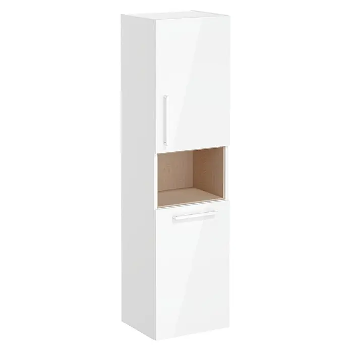 VitrA Hochschrank Root Flat - B x T x H: 42 x 36 x 155 cm, Weiß, DIN Anschlag: Rechts - Hoher, weißer Hochglanzschrank mit offenem Holzfach und zwei Türen mit silbernen Griffen.