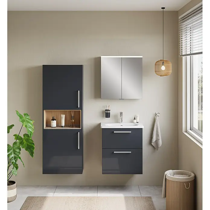 VitrA Badmöbel-Set Root Flat - B x T x H: 60 x 37 x 65 cm, Anthrazit, Hochglänzend - Modernes dunkelgraues wandmontiertes Badmöbelset mit weißem Waschbecken, Spiegelschrank und hohem Schrank.
