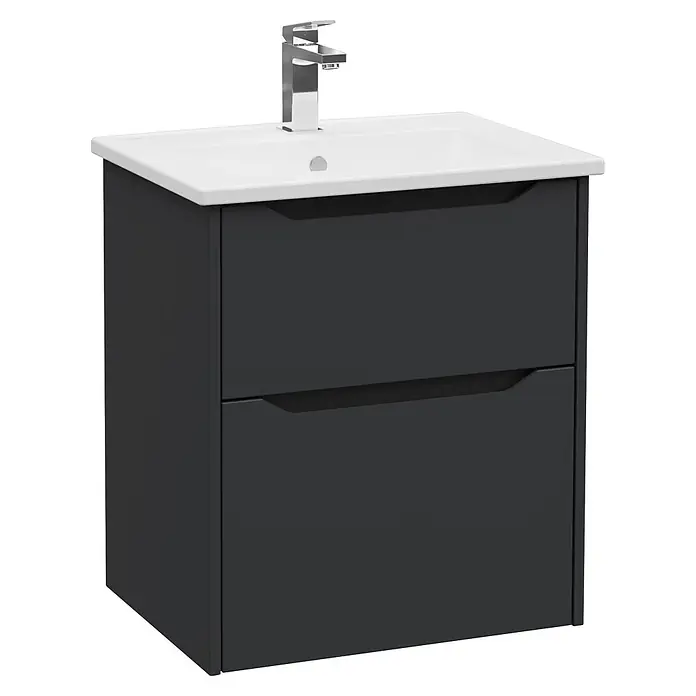 VitrA Integra Square Badmöbel-Set - Gesamtbreite Badmöbel: 60 cm, Graphit, Matt - Dunkelgrauer Badunterschrank mit zwei Schubladen, weißem Waschbecken und Chromarmatur.