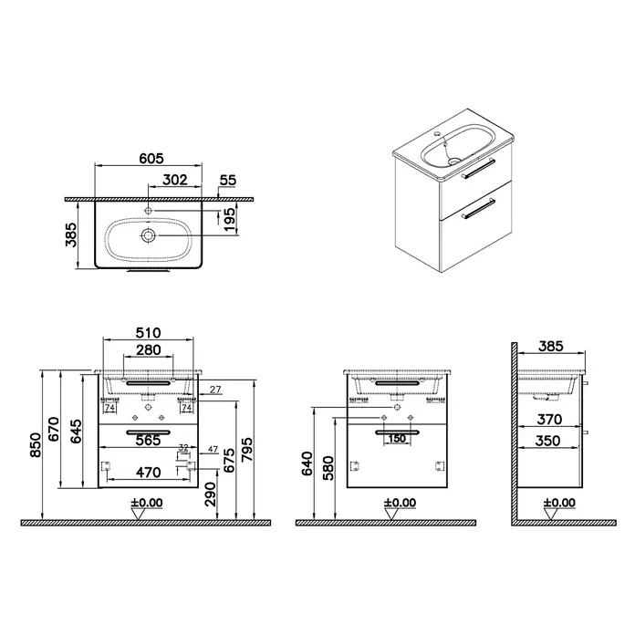 VitrA Root Flat Compact Badmöbel-Set Compact - B x T x H: 60 x 37 x 65 cm, Anthrazit, Hochglänzend - Technischer Zeichnung eines Badunterschranks mit integriertem Waschbecken und zwei Schubladen, mit Maßen und Ansichten.
