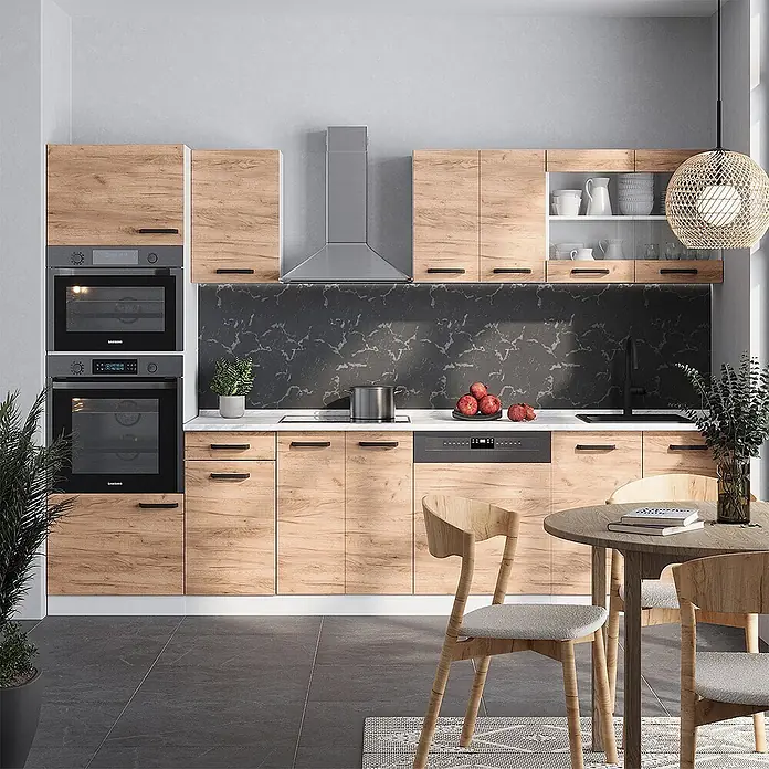 Vicco Küchenzeile R-Line Goldkraft Eiche/Weiß AP Eiche - Goldkraft Eiche, Ohne Elektrogeräte - Moderne Küche mit Holzoptik-Schränken, schwarzem Marmor-Spritzschutz und integrierten Geräten, inkl. Doppelbackofen und Geschirrspüler.