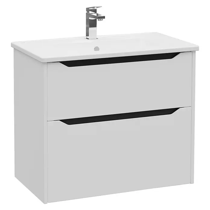 VitrA Integra Square Badmöbel-Set - Gesamtbreite Badmöbel: 80 cm, Hellgrau, Matt - Weißer Badunterschrank mit zwei Schubladen, integrierten schwarzen Griffen, weißem Waschbecken und Chromarmatur.