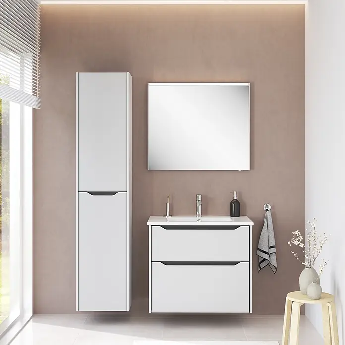 VitrA Integra Square Badmöbel-Set - Gesamtbreite Badmöbel: 80 cm, Hellgrau, Matt - Moderner weißer Badwaschtisch mit Waschbecken und Schubladen, ergänzt durch einen passenden Hochschrank.