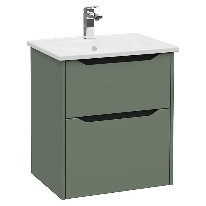 VitrA Integra Square Badmöbel-Set - Gesamtbreite Badmöbel: 60 cm, Moosgrün, Matt - Salbeigrüner Badunterschrank mit zwei Schubladen, integrierten schwarzen Griffen, weißem Keramikwaschbecken und Chromarmatur.