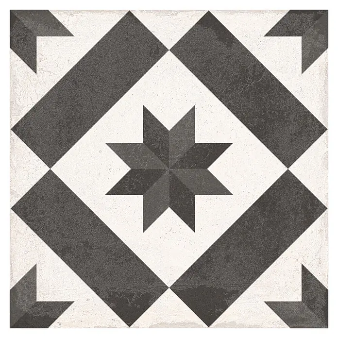 Feinsteinzeugfliese Chez Coco - 24,8 x 24,8 cm, Star, Matt - Schwarz-weiße Keramikfliese mit geometrischem Sternmuster.