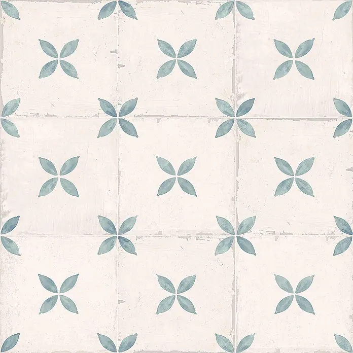 Feinsteinzeugfliese Sofia - 24,8 x 24,8 cm, Marina, Matt - Rustikale cremeweiße Fliesen mit hellblauen vierblättrigen Mustern, die ein durchgehendes Blumenmuster bilden.