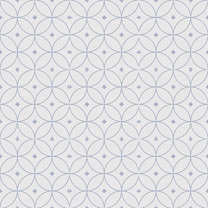 Feinsteinzeugfliese Alhambra - 24,8 x 24,8 cm, Azurl, Matt - Hellblaues geometrisches Muster aus ineinandergreifenden Kreisen mit kleinen blauen Rautenakzenten.