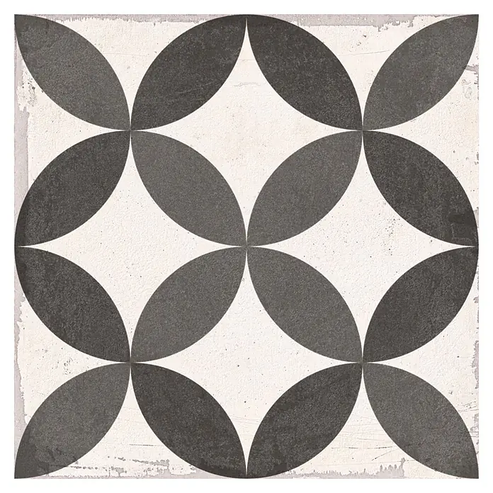 Feinsteinzeugfliese Chez Coco - 24,8 x 24,8 cm, Arch, Matt - Quadratische Fliese mit dunkelgrauem geometrischem ineinandergreifendem Ovalmuster auf hellem, abgenutztem Hintergrund.
