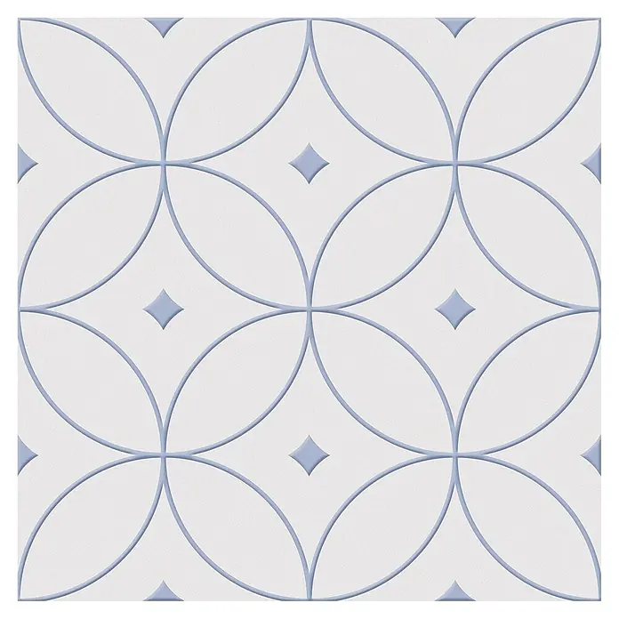 Feinsteinzeugfliese Alhambra - 24,8 x 24,8 cm, Azurl, Matt - Nahtlose weiße Fliese mit einem erhabenen hellblauen geometrischen Muster aus ineinandergreifenden Kreisen und kleinen Rautenakzenten.