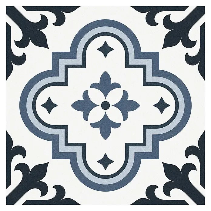 Feinsteinzeugfliese Paris - 24,8 x 24,8 cm, Rivoli, Matt - Blau-weiß gemusterte Keramikfliese mit zentralem Blumenmotiv und geometrischem Vierpass-Design.