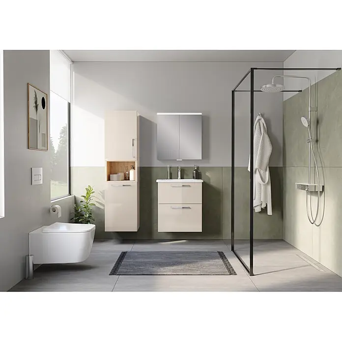 VitrA Root Flat Compact Badmöbel-Set Compact - B x T x H: 60 x 37 x 65 cm, Sahara Beige, Hochglänzend - Modernes Badezimmer mit cremefarbenem Waschtischunterschrank, Hochschrank und einer begehbaren Dusche.