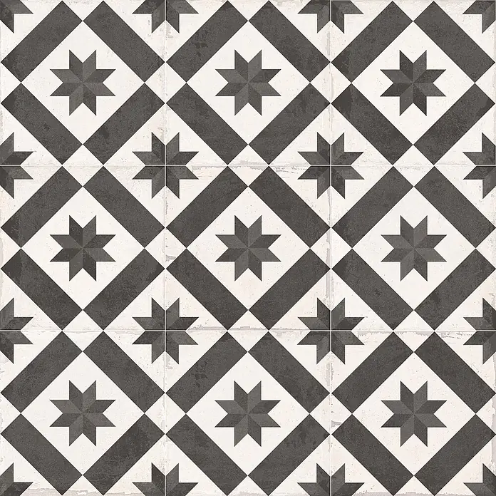 Feinsteinzeugfliese Chez Coco - 24,8 x 24,8 cm, Star, Matt - Verwitterte schwarz-weiße geometrische Fliesen mit wiederholten achtzackigen Stern- und Rautenmustern.