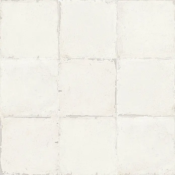 Feinsteinzeugfliese Calma Blanco - 24,8 x 24,8 cm, Weiß, Matt - Strukturierte weiße quadratische Fliesen mit Used-Look und sichtbaren Fugen.