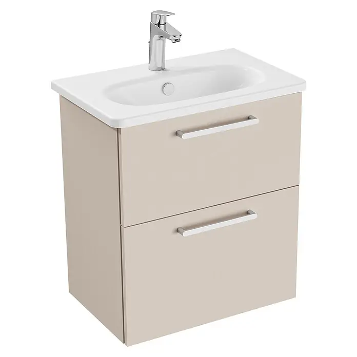 VitrA Root Flat Compact Badmöbel-Set Compact - B x T x H: 60 x 37 x 65 cm, Sahara Beige, Hochglänzend - Beigefarbener Badunterschrank mit zwei Schubladen, weißem integriertem Waschbecken und Chromarmatur/-griffen.