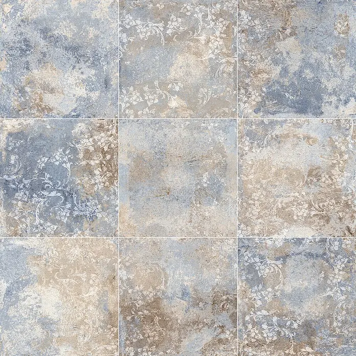 Feinsteinzeugfliese Passion - 24,8 x 24,8 cm, Blau/Beige, Matt - Dekorfliesen in Distressed-Blau und Beige mit verblassten Blumenmustern, im 3x3-Raster angeordnet.