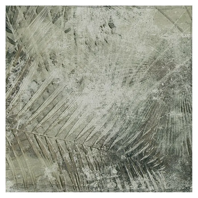 Feinsteinzeugfliese Amazonia - 24,8 x 24,8 cm, Grün, Matt - Strukturierte Fliese mit mattem grau-grünem Beton-Effekt und Palmenblatt-Abdruck.