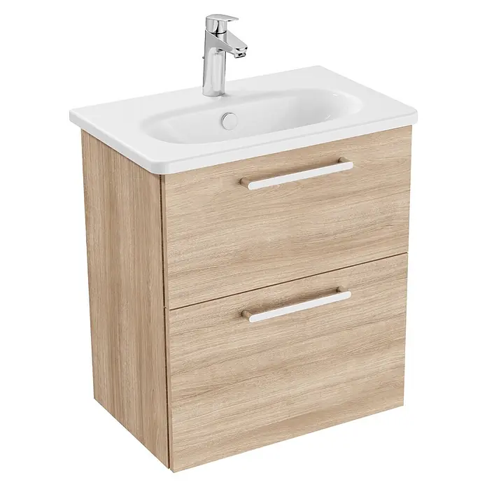 VitrA Root Flat Compact Badmöbel-Set Compact - B x T x H: 60 x 37 x 65 cm, Eiche Natur - Waschtischunterschrank aus hellem Holz mit weißem Keramikwaschbecken, Chromarmatur und zwei Schubladen.