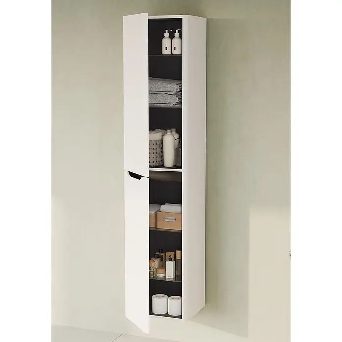 VitrA Hochschrank Integra Round - B x T x H: 40 x 37 x 180 cm, Weiß, DIN Anschlag: Rechts, Inklusive 3 Glasböden und Wäscheklappe - Weißer, schmaler, teilweise offener Badezimmer-Hochschrank mit dunklen Innenböden, der Handtücher, Pflegeprodukte und Toilettenpapier enthält.