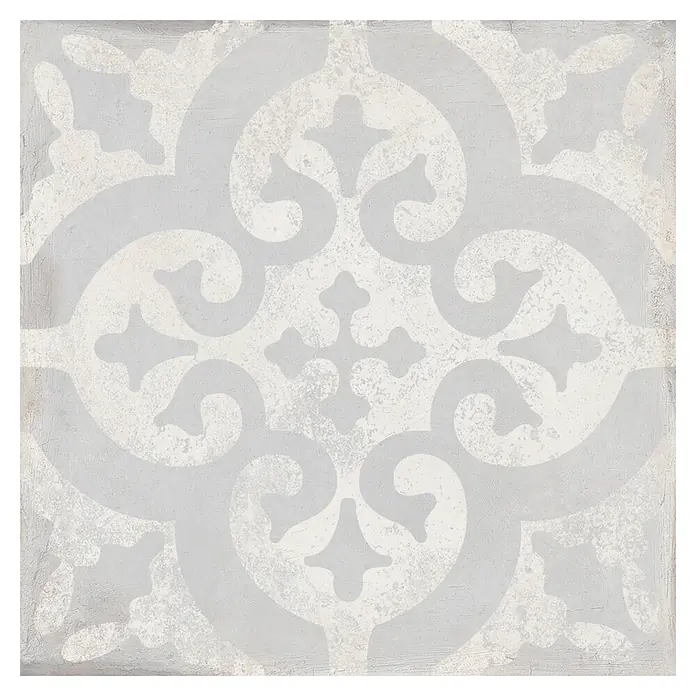 Feinsteinzeugfliese Triana - 24,8 x 24,8 cm, Flor Gris, Matt - Abgenutzte hellgraue und weiße Fliese mit symmetrischem floralem Medaillonmuster.